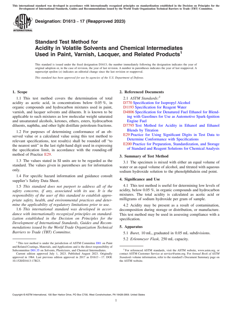 ASTM D1613-17(2023) - Standard Test Method for Acidity in Volatile Solvents and Chemical Intermediates Used   in Paint,     Varnish, Lacquer, and Related Products