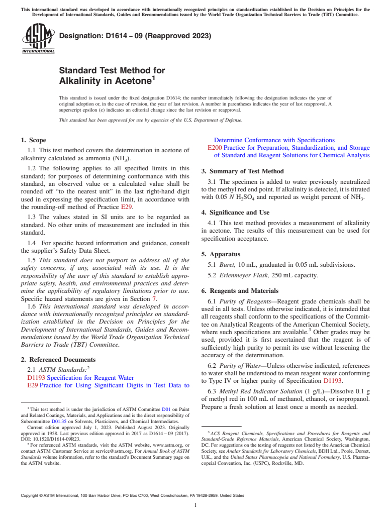 ASTM D1614-09(2023) - Standard Test Method for Alkalinity in Acetone