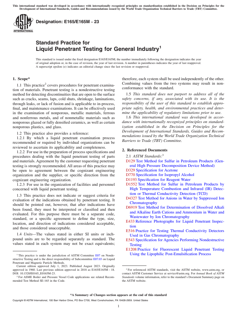ASTM E165/E165M-23 - Standard Practice for  Liquid Penetrant Testing for General Industry