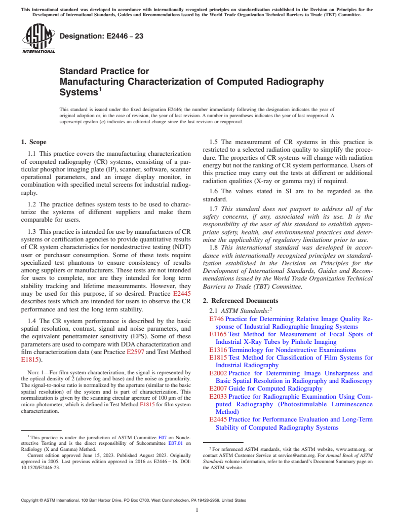 ASTM E2446-23 - Standard Practice for  Manufacturing Characterization of Computed Radiography Systems