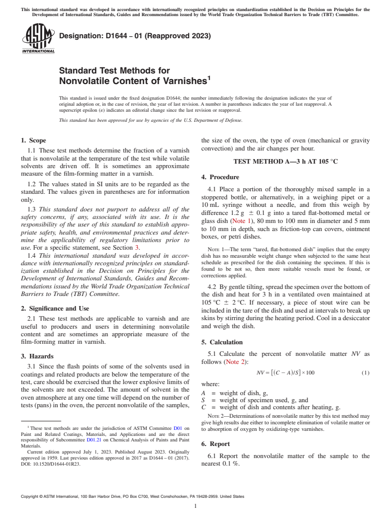 ASTM D1644-01(2023) - Standard Test Methods for Nonvolatile Content of Varnishes