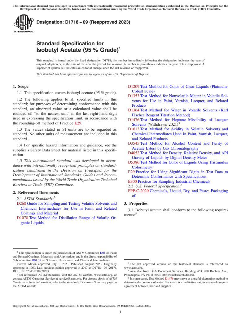 ASTM D1718-09(2023) - Standard Specification for Isobutyl Acetate (95 % Grade)