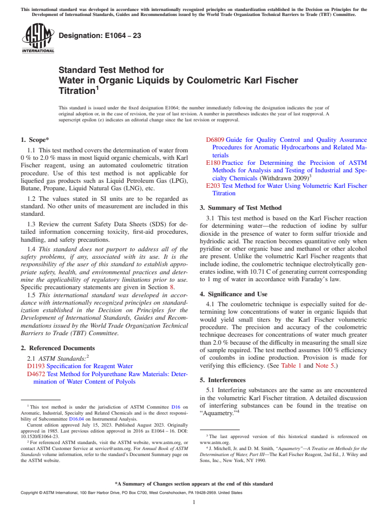 ASTM E1064-23 - Standard Test Method for Water in Organic Liquids by Coulometric Karl Fischer Titration