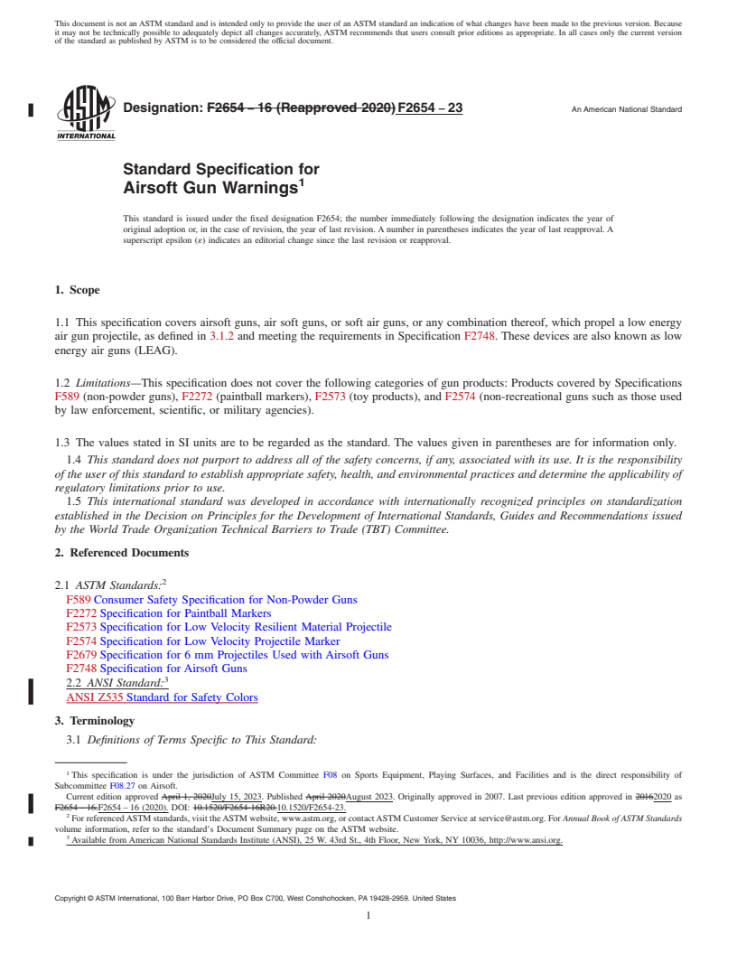 REDLINE ASTM F2654-23 - Standard Specification for Airsoft Gun Warnings