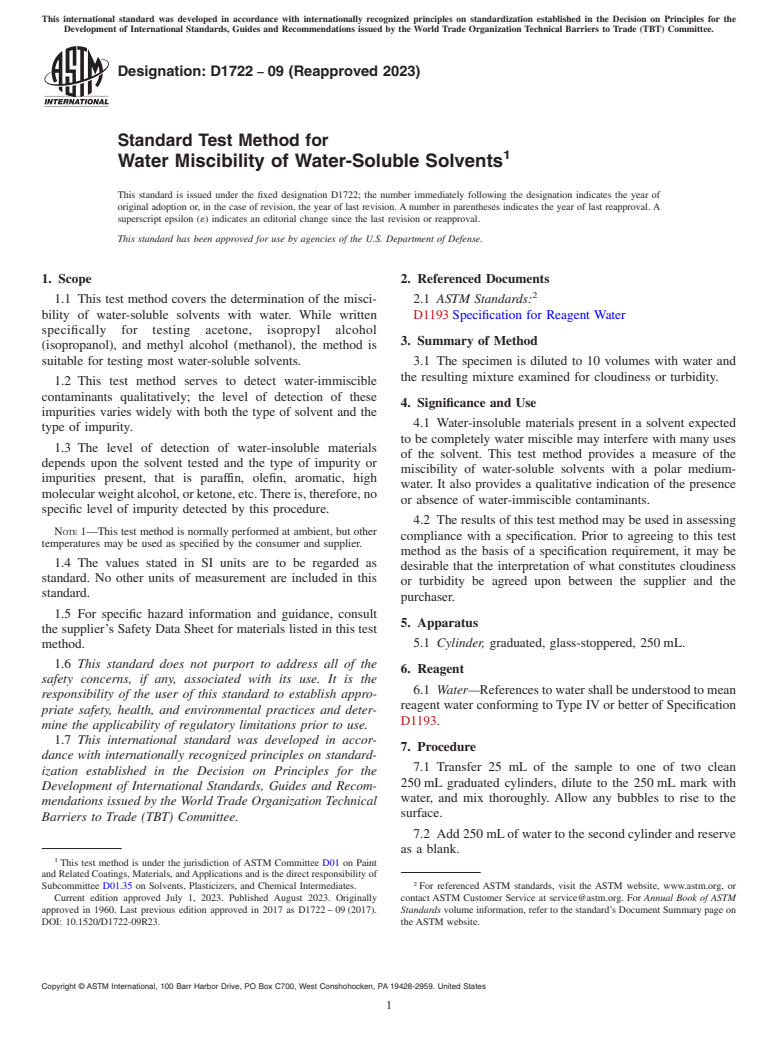 ASTM D1722-09(2023) - Standard Test Method for Water Miscibility of Water-Soluble Solvents