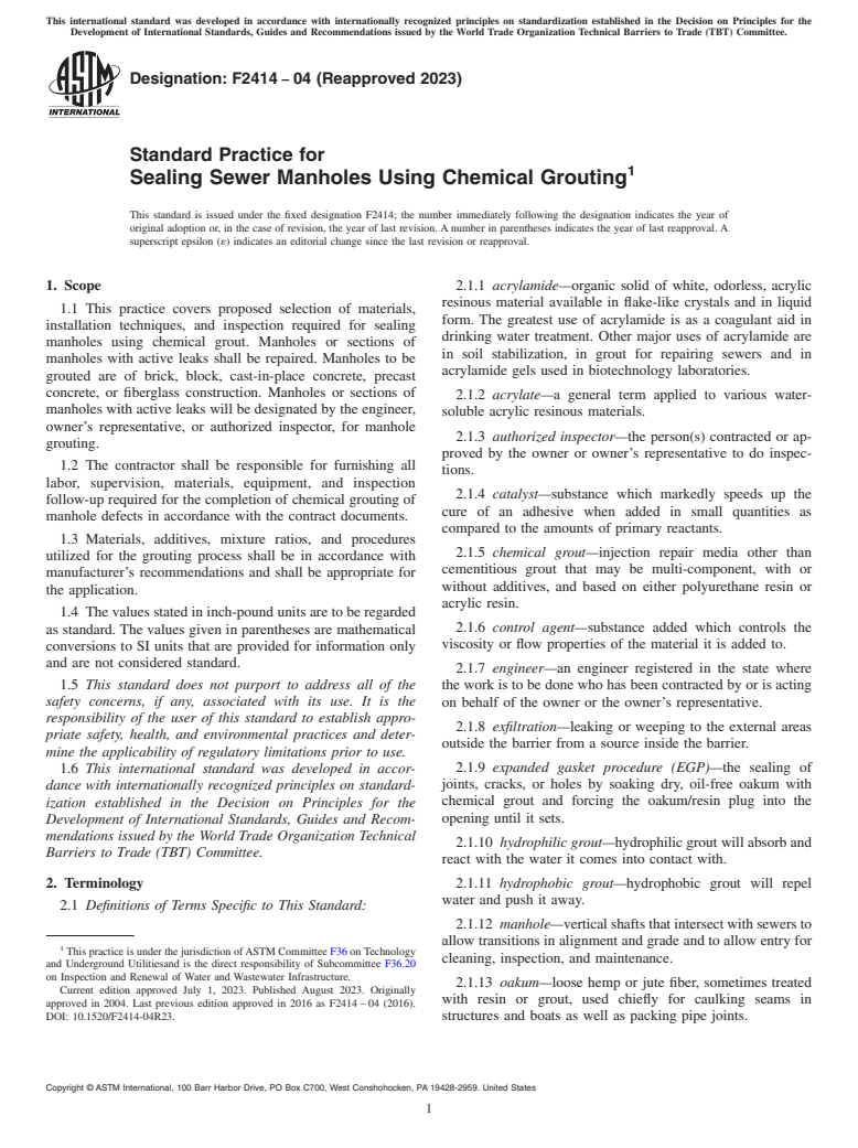 ASTM F2414-04(2023) - Standard Practice for Sealing Sewer Manholes Using Chemical Grouting