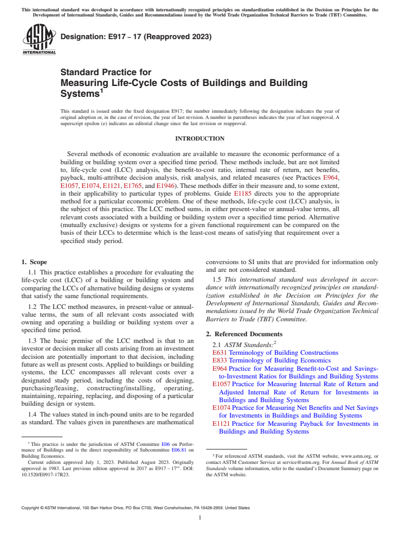 ASTM E917-17(2023) - Standard Practice for Measuring Life-Cycle Costs of Buildings and Building Systems
