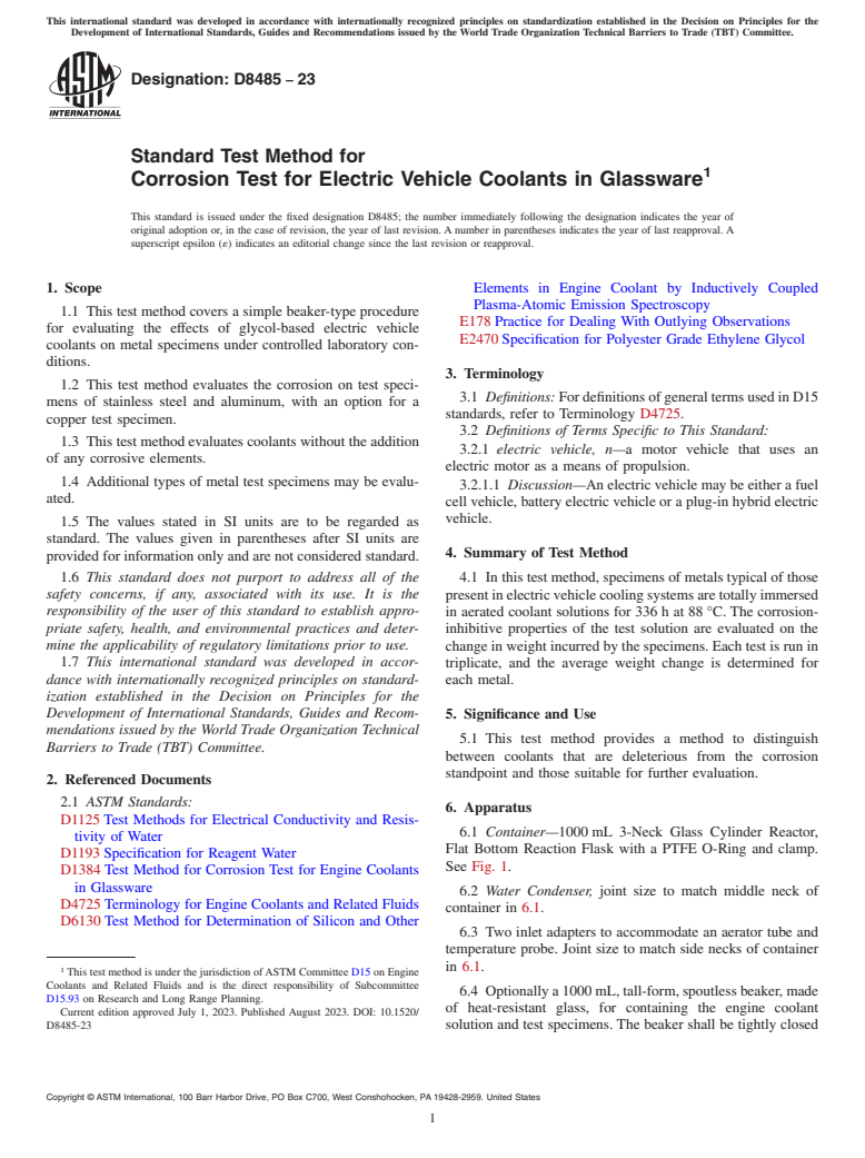 ASTM D8485-23 - Standard Test Method for Corrosion Test for Electric Vehicle Coolants in Glassware