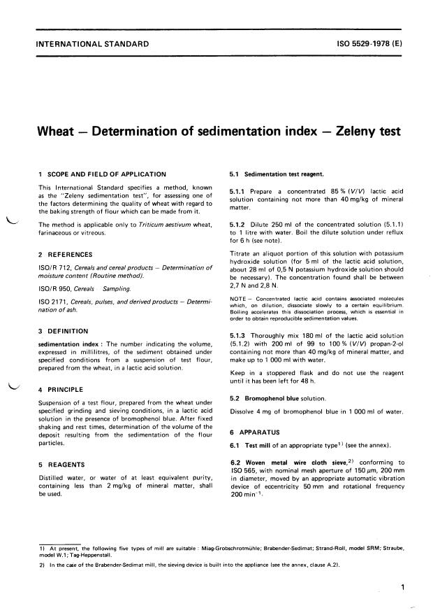 ISO 5529:1978 - Wheat -- Determination of sedimentation index -- Zeleny test
