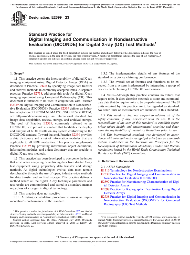 ASTM E2699-23 - Standard Practice for  Digital Imaging and Communication in Nondestructive Evaluation  (DICONDE) for Digital X-ray (DX) Test Methods