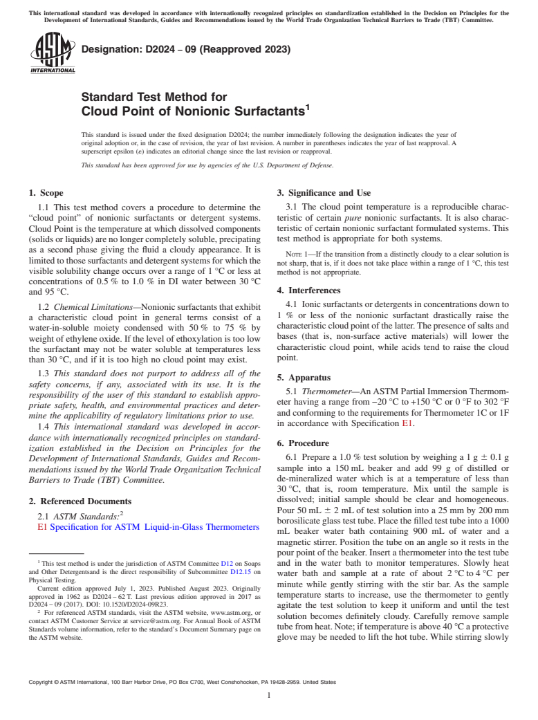 ASTM D2024-09(2023) - Standard Test Method for  Cloud Point of Nonionic Surfactants