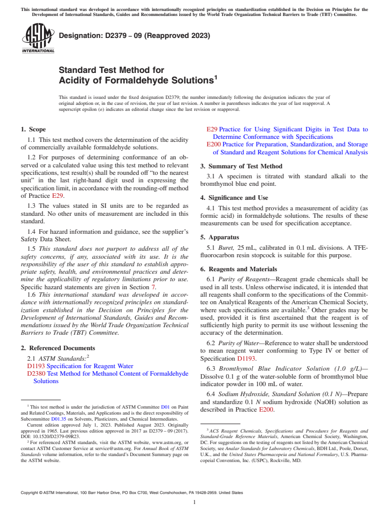 ASTM D2379-09(2023) - Standard Test Method for Acidity of Formaldehyde Solutions