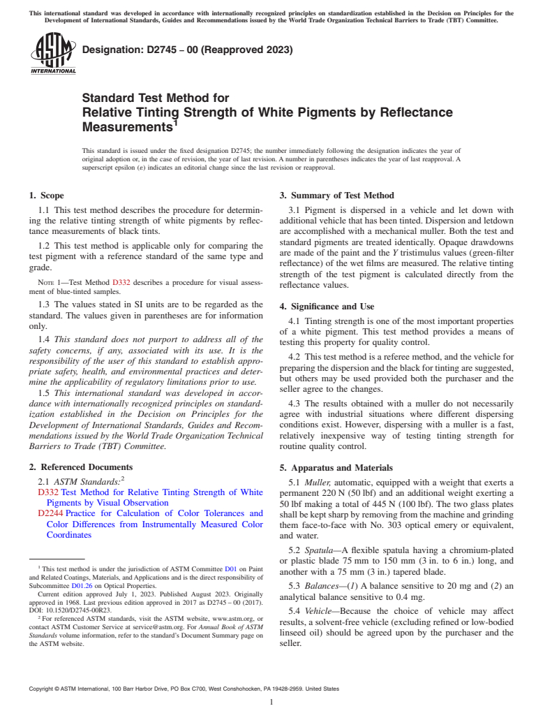 ASTM D2745-00(2023) - Standard Test Method for Relative Tinting Strength of White Pigments by Reflectance   Measurements