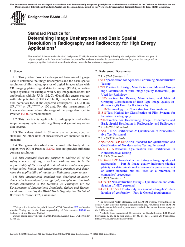 ASTM E3388-23 - Standard Practice for Determining Image Unsharpness and Basic Spatial Resolution  in Radiography and Radioscopy for High Energy Applications