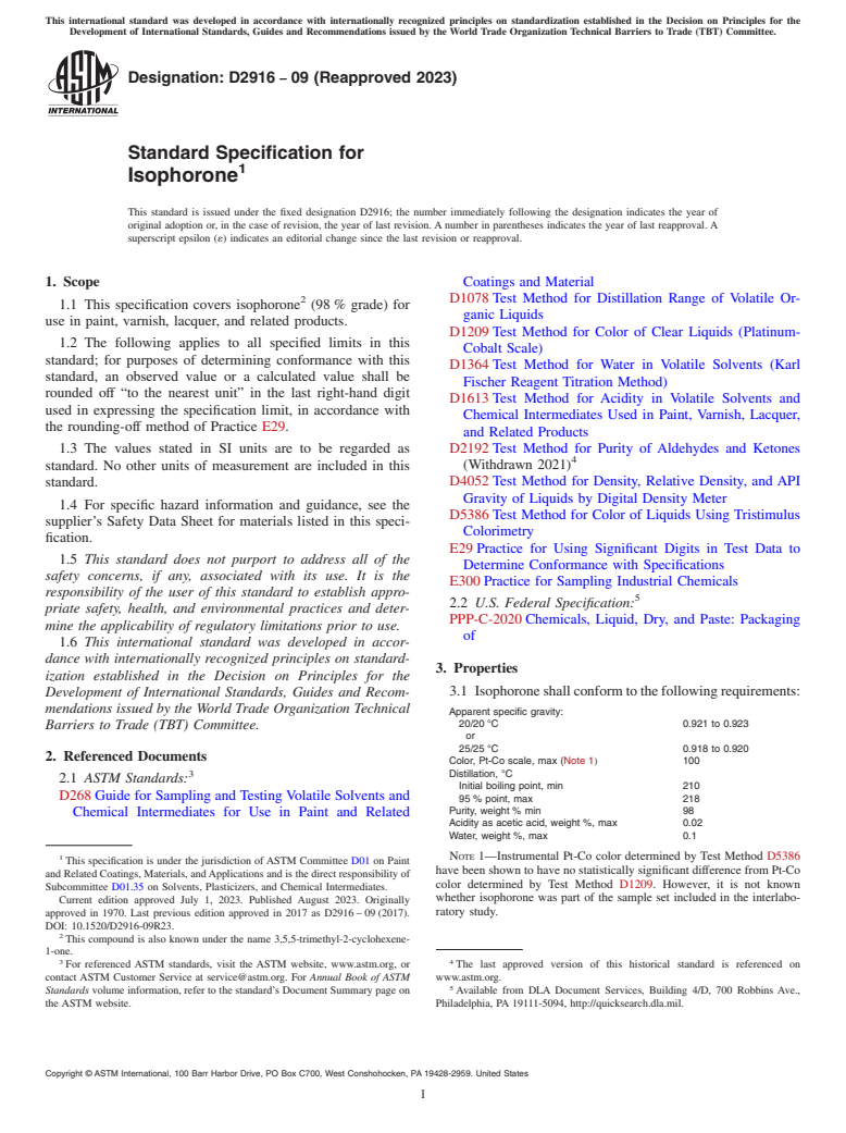 ASTM D2916-09(2023) - Standard Specification for Isophorone