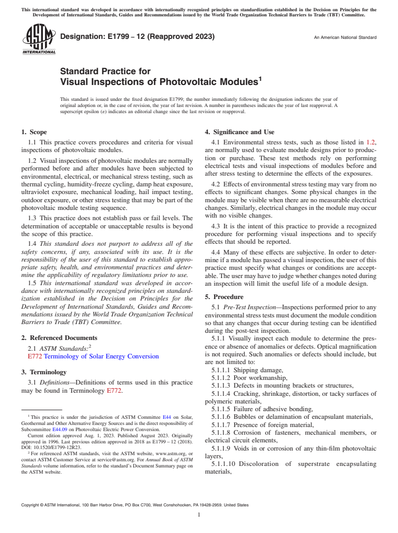 ASTM E1799-12(2023) - Standard Practice for  Visual Inspections of Photovoltaic Modules