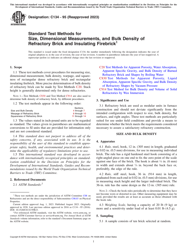 ASTM C134-95(2023) - Standard Test Methods for Size, Dimensional Measurements, and Bulk Density of Refractory   Brick and Insulating Firebrick