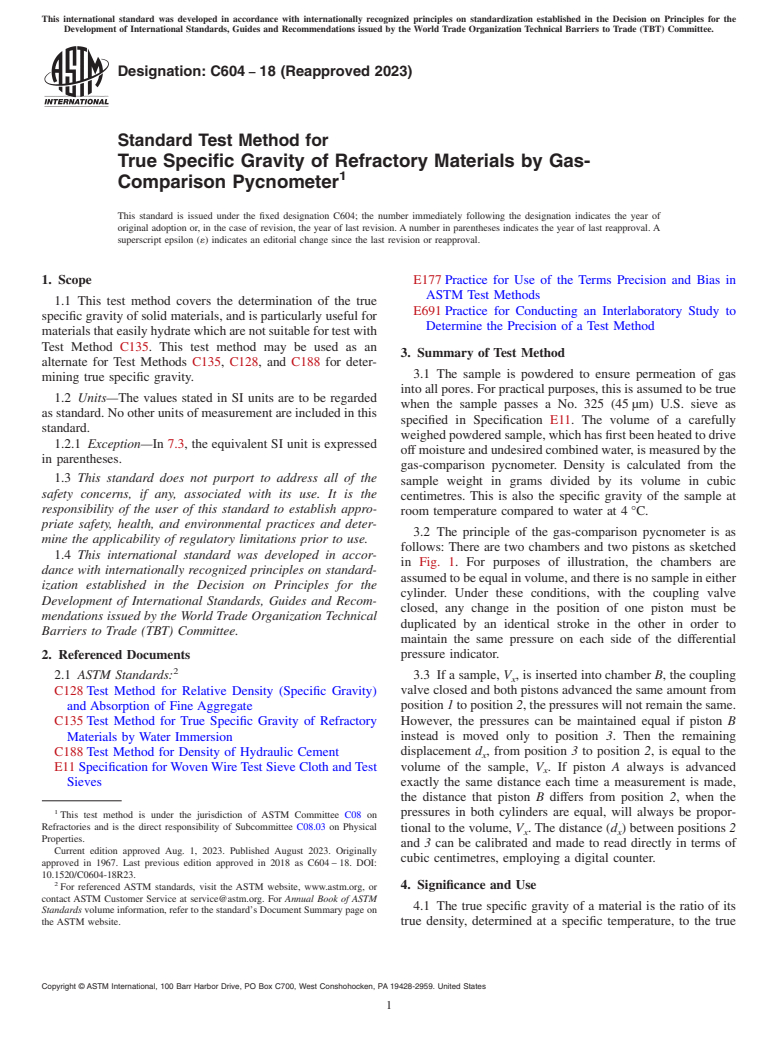 ASTM C604-18(2023) - Standard Test Method for True Specific Gravity of Refractory Materials by Gas-Comparison  Pycnometer