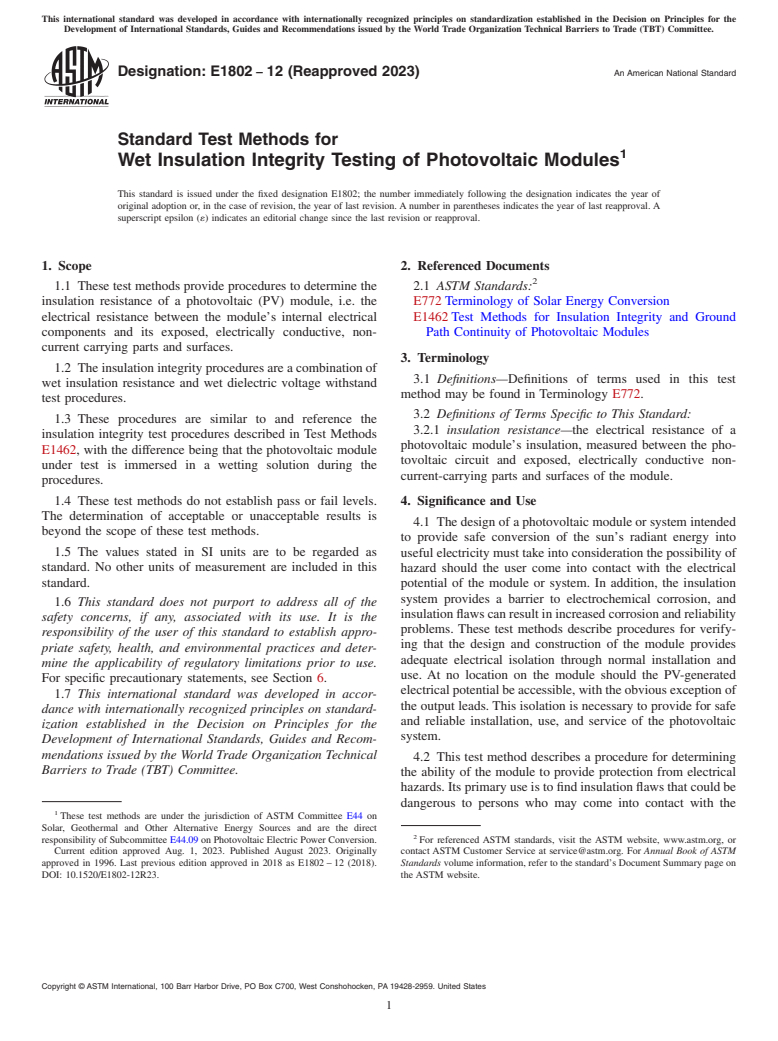 ASTM E1802-12(2023) - Standard Test Methods for  Wet Insulation Integrity Testing of Photovoltaic Modules