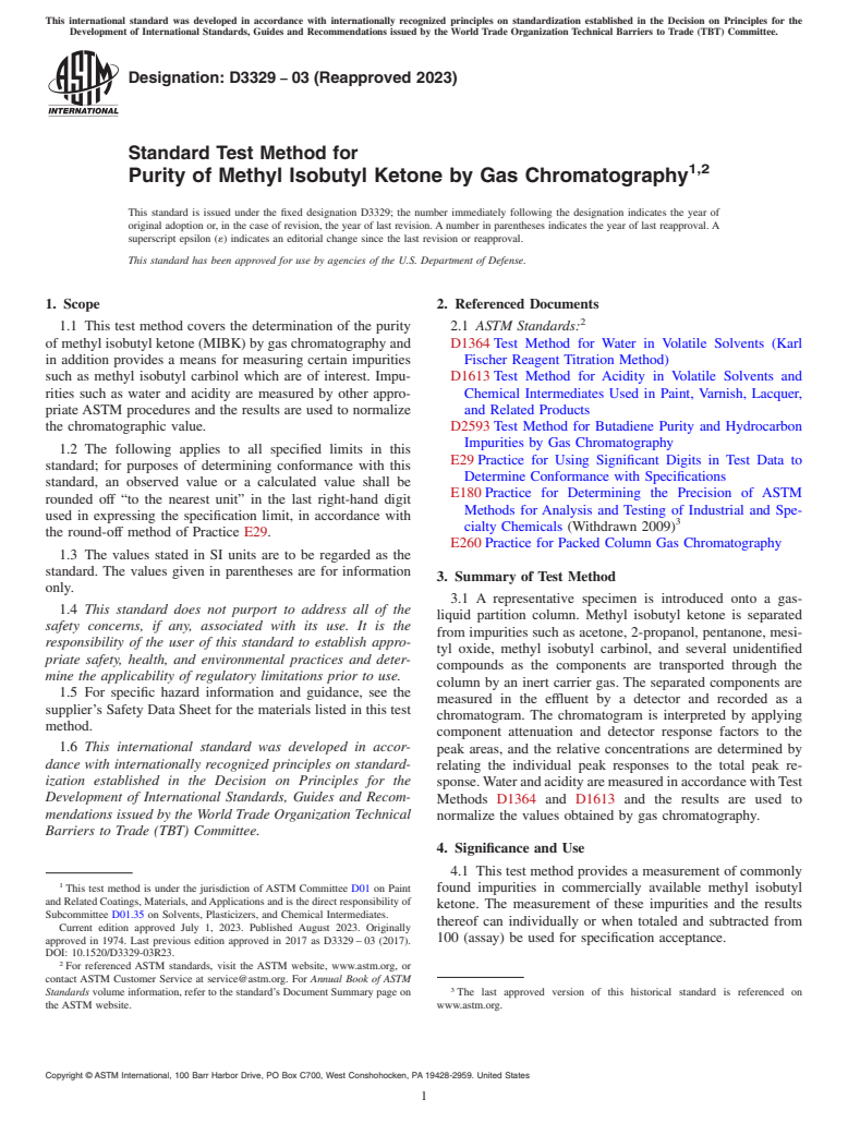 ASTM D3329-03(2023) - Standard Test Method for Purity of Methyl Isobutyl Ketone by Gas Chromatography