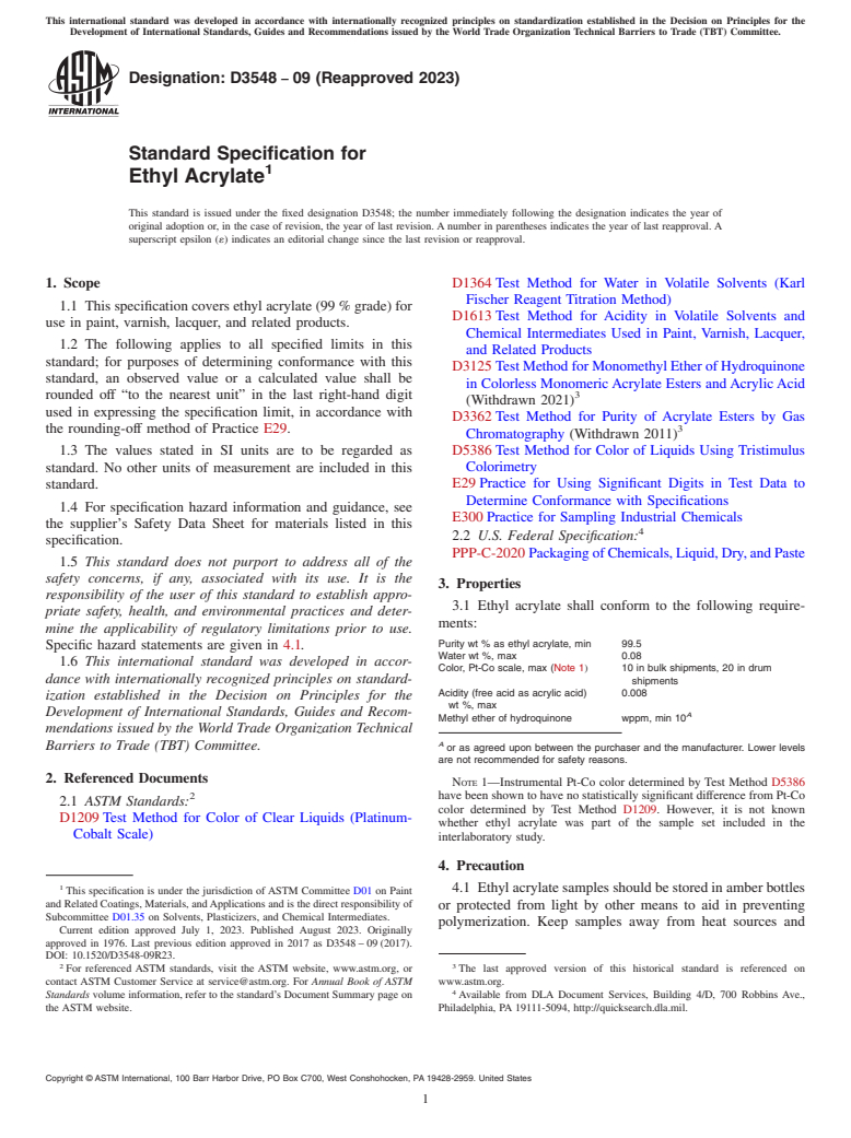 ASTM D3548-09(2023) - Standard Specification for Ethyl Acrylate