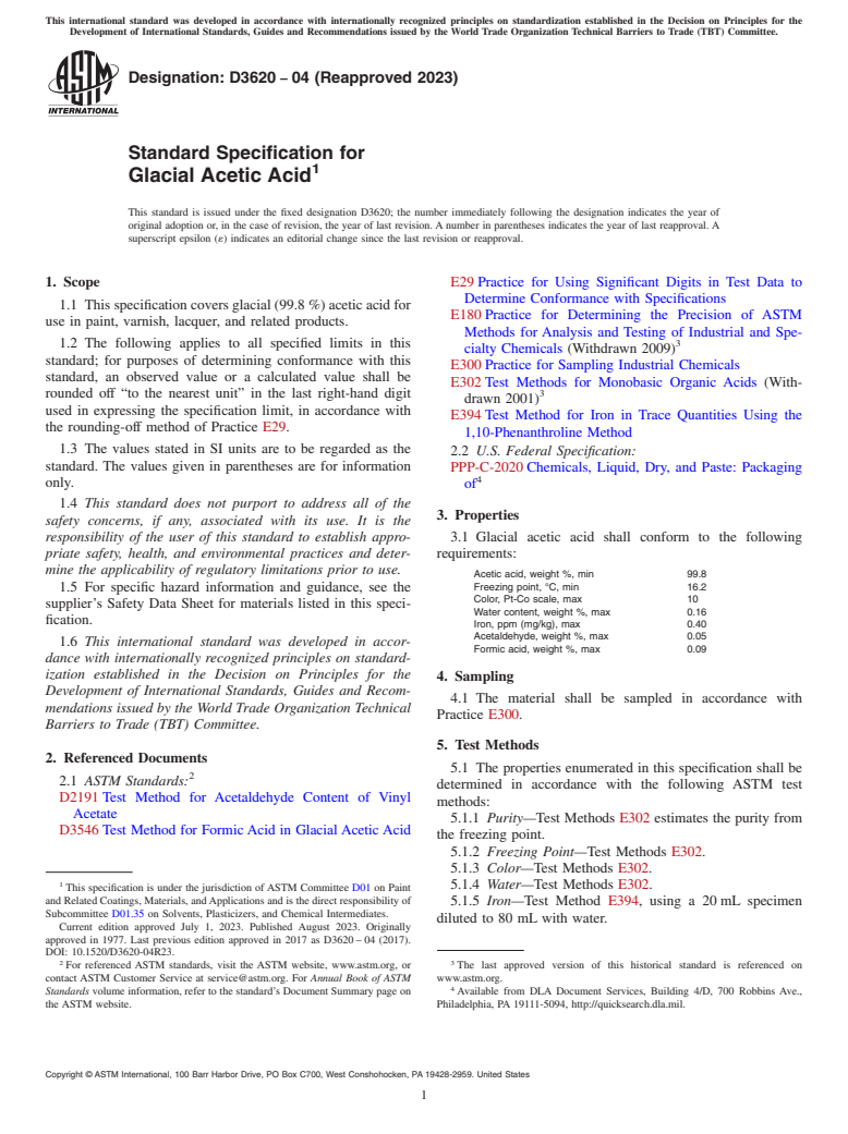 ASTM D3620-04(2023) - Standard Specification for Glacial Acetic Acid