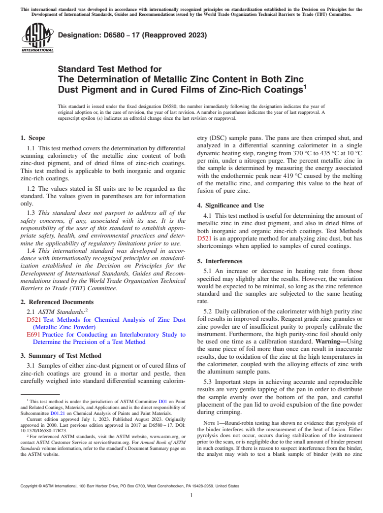 ASTM D6580-17(2023) - Standard Test Method for The Determination of Metallic Zinc Content in Both Zinc Dust  Pigment and in Cured Films of Zinc-Rich Coatings