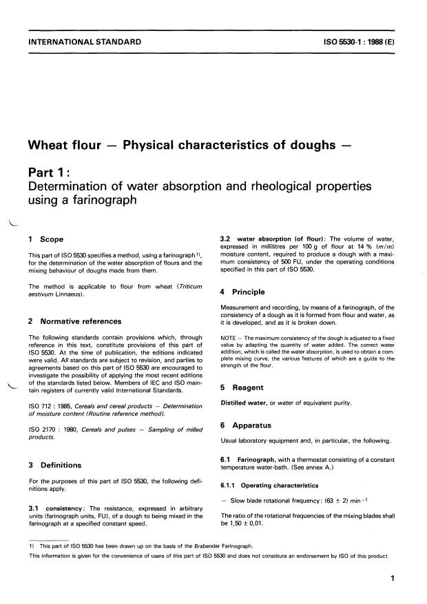 ISO 5530-1:1988 - Wheat flour -- Physical characteristics of doughs