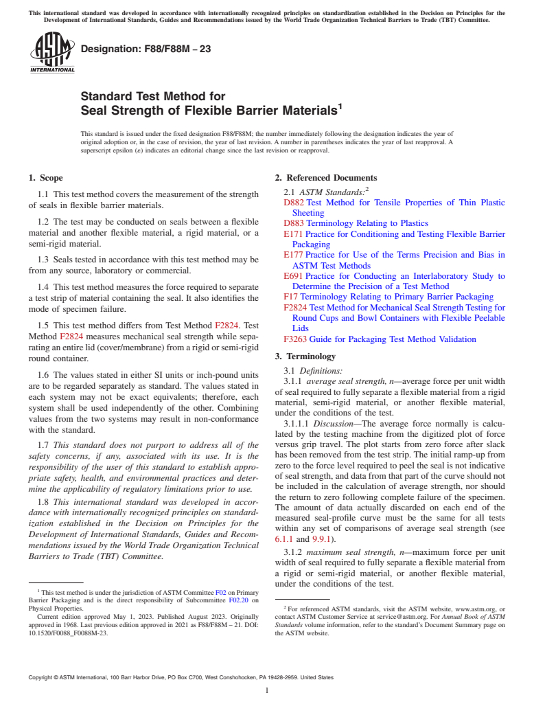 ASTM F88/F88M-23 - Standard Test Method for  Seal Strength of Flexible Barrier Materials