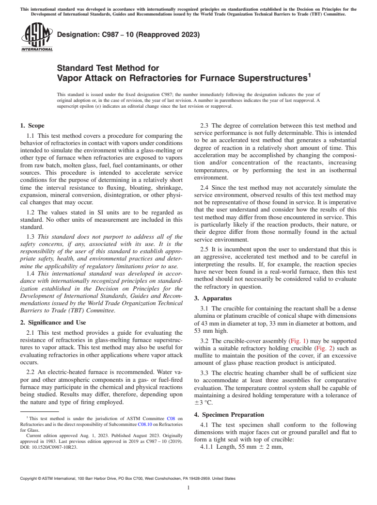 ASTM C987-10(2023) - Standard Test Method for  Vapor Attack on Refractories for Furnace Superstructures