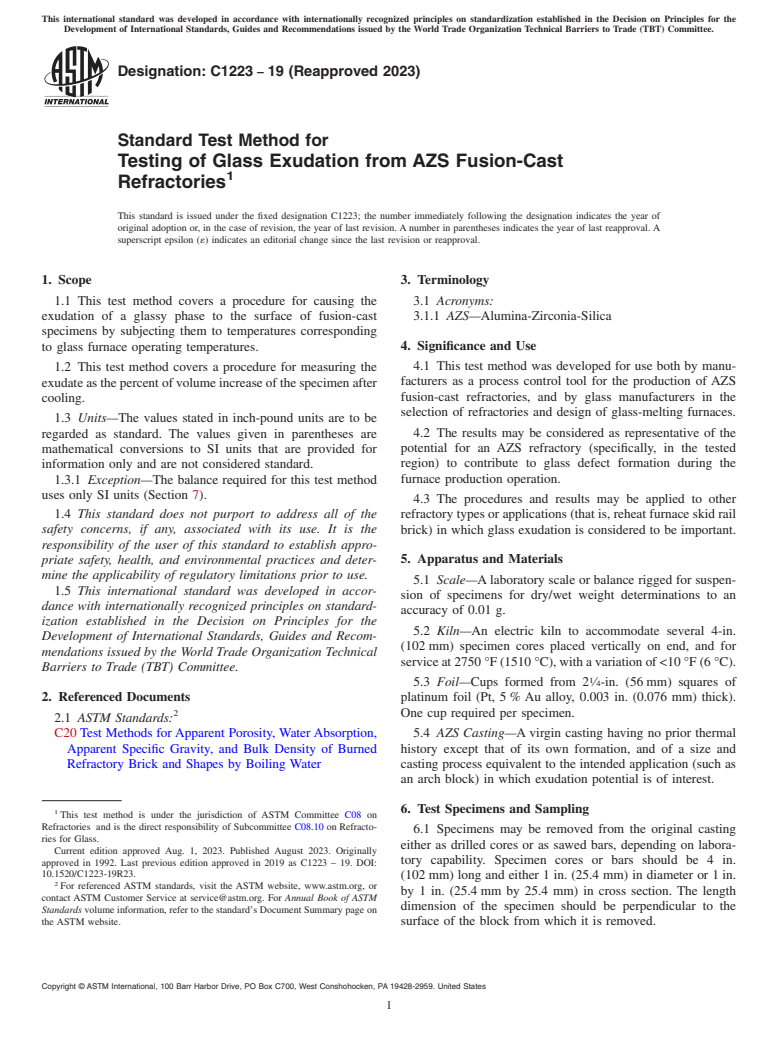 ASTM C1223-19(2023) - Standard Test Method for Testing of Glass Exudation from AZS Fusion-Cast Refractories