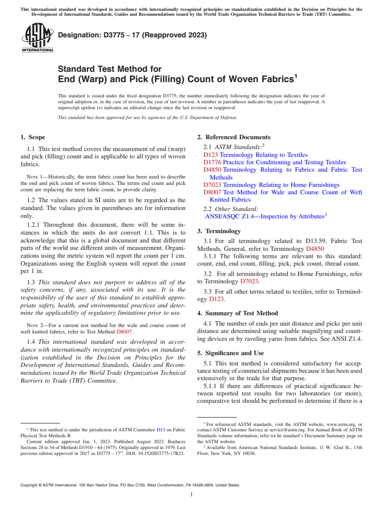 ASTM D3775-17(2023) - Standard Test Method for  End (Warp) and Pick (Filling) Count of Woven Fabrics