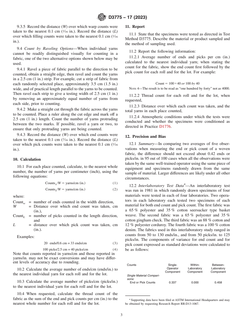 ASTM D3775-17(2023) - Standard Test Method for  End (Warp) and Pick (Filling) Count of Woven Fabrics