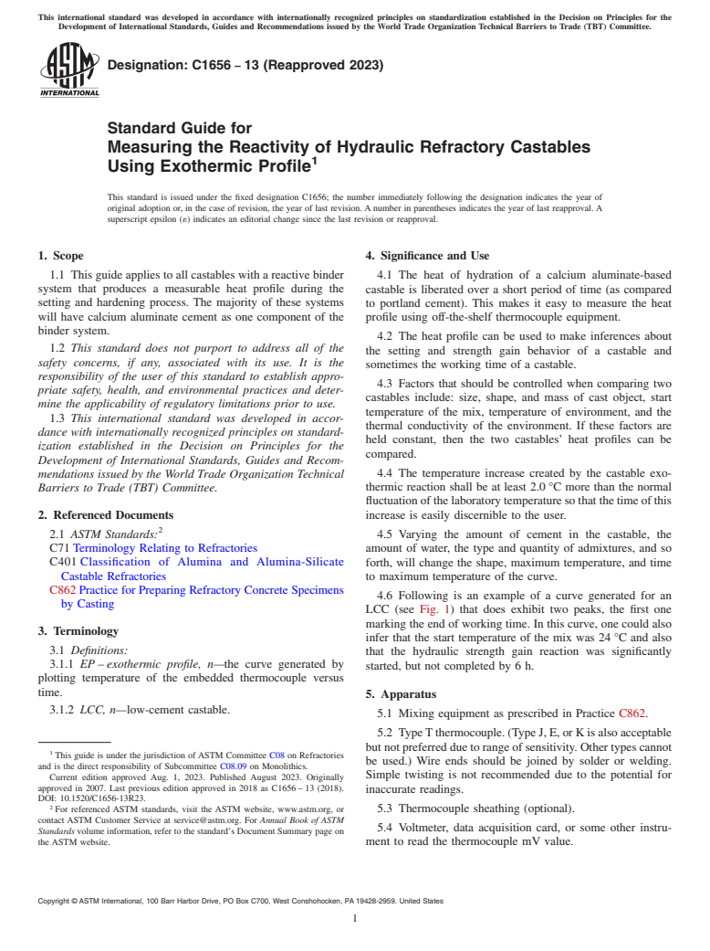 ASTM C1656-13(2023) - Standard Guide for Measuring the Reactivity of Hydraulic Refractory Castables  Using Exothermic Profile