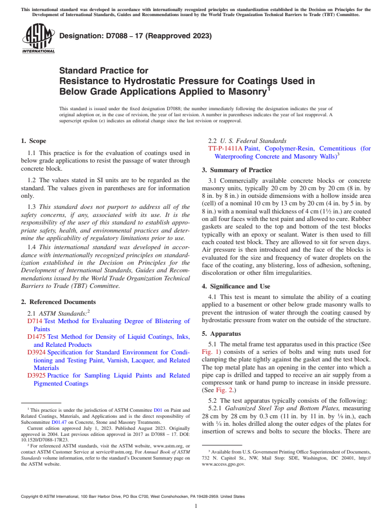 ASTM D7088-17(2023) - Standard Practice for Resistance to Hydrostatic Pressure for Coatings Used in Below  Grade     Applications Applied to Masonry