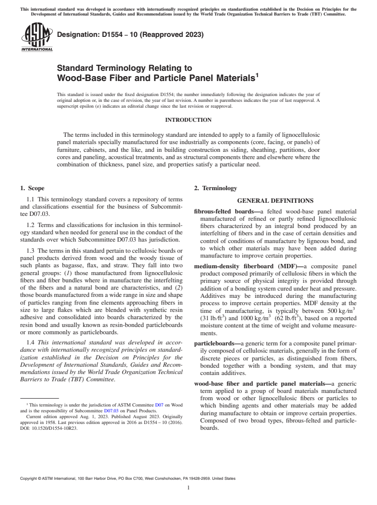 ASTM D1554-10(2023) - Standard Terminology Relating to  Wood-Base Fiber and Particle Panel Materials