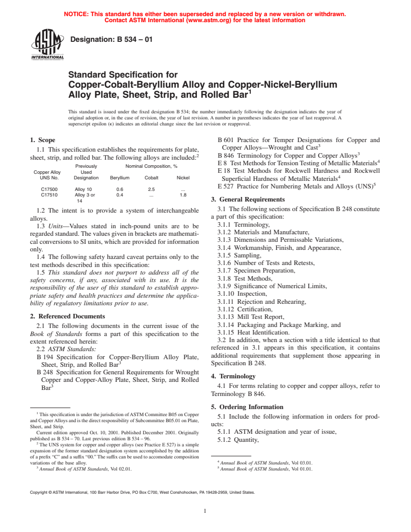 ASTM B534-01 - Standard Specification for Copper-Cobalt-Beryllium Alloy and Copper-Nickel-Beryllium Alloy Plate, Sheet, Strip, and Rolled Bar