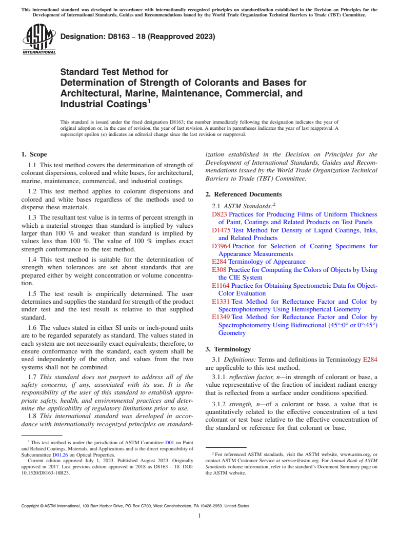 ASTM D8163-18(2023) - Standard Test Method for Determination of Strength of Colorants and Bases for Architectural,  Marine, Maintenance, Commercial, and Industrial Coatings