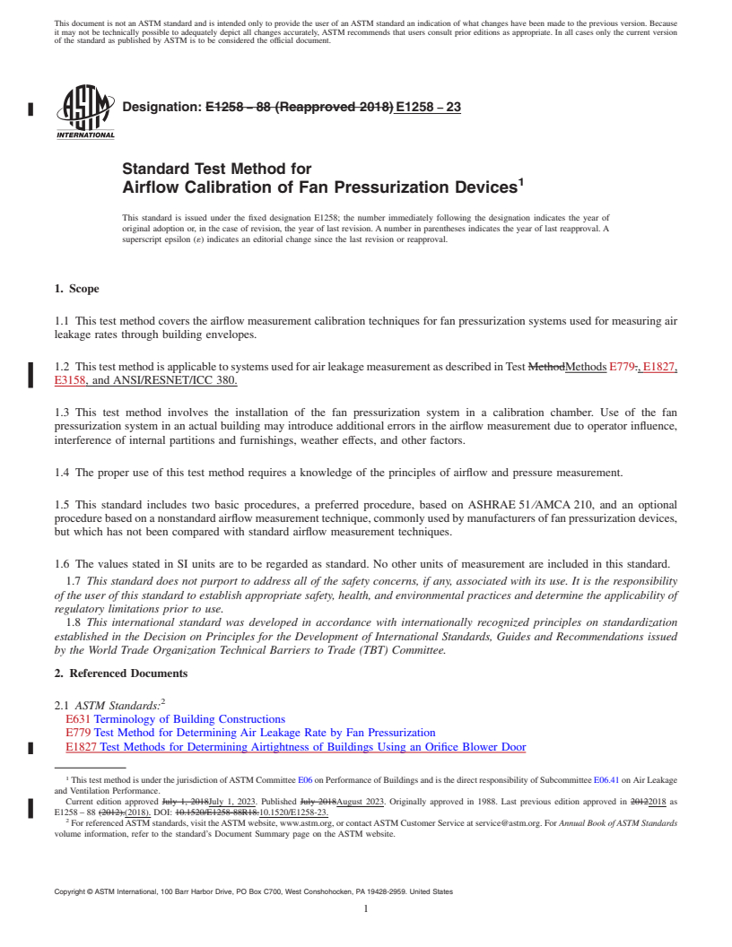 REDLINE ASTM E1258-23 - Standard Test Method for Airflow Calibration of Fan Pressurization Devices