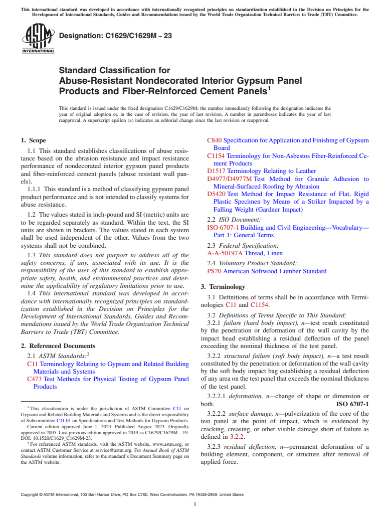 ASTM C1629/C1629M-23 - Standard Classification for  Abuse-Resistant Nondecorated Interior Gypsum Panel Products  and Fiber-Reinforced Cement Panels