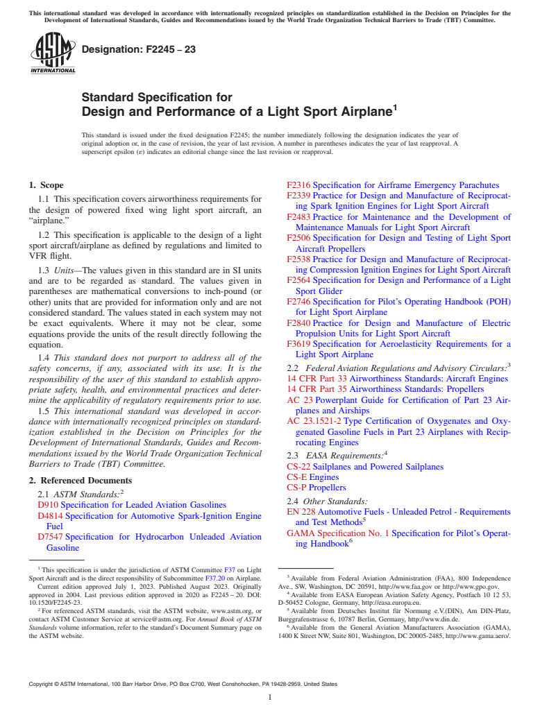 ASTM F2245-23 - Standard Specification for Design and Performance of a Light Sport Airplane