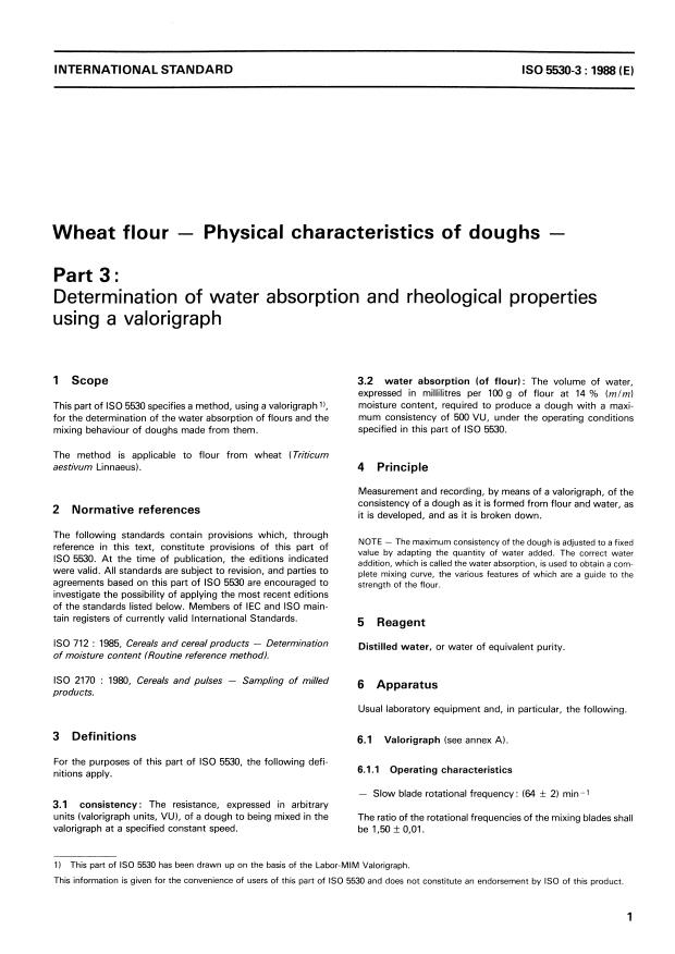 ISO 5530-3:1988 - Wheat flour -- Physical characteristics of doughs
