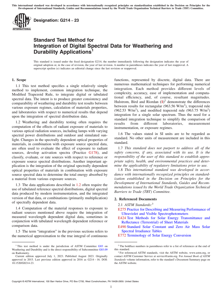 ASTM G214-23 - Standard Test Method for Integration of Digital Spectral Data for Weathering and Durability Applications