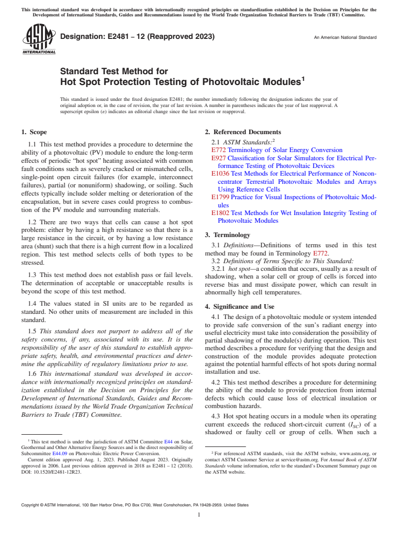 ASTM E2481-12(2023) - Standard Test Method for  Hot Spot Protection Testing of Photovoltaic Modules