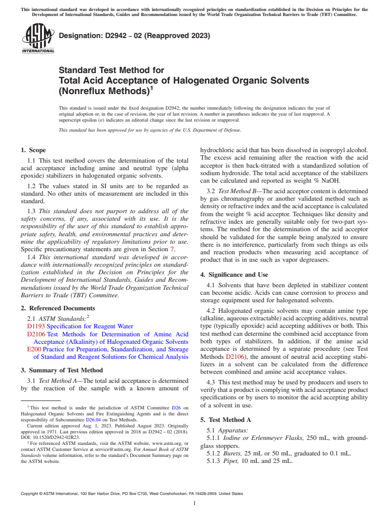 ASTM D2942-02(2023) - Standard Test Method for Total Acid Acceptance of Halogenated Organic Solvents (Nonreflux  Methods)