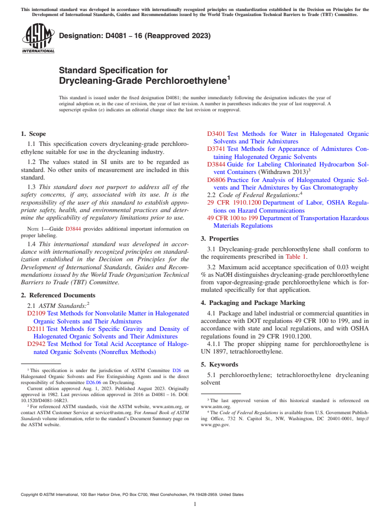 ASTM D4081-16(2023) - Standard Specification for Drycleaning-Grade Perchloroethylene