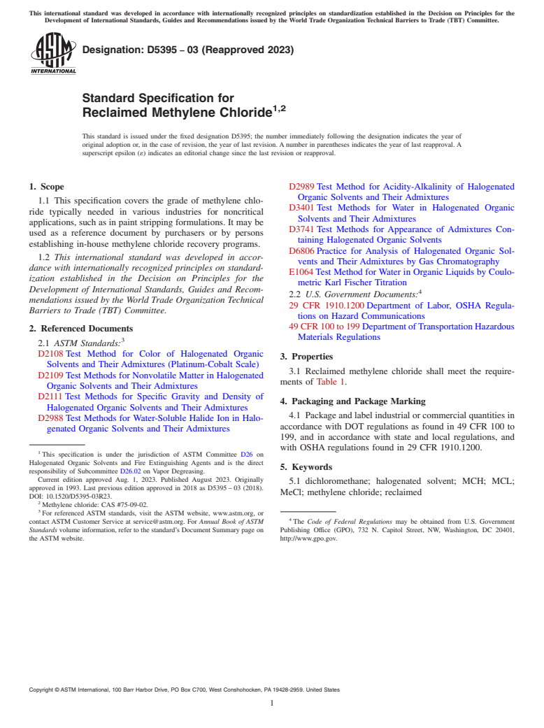 ASTM D5395-03(2023) - Standard Specification for Reclaimed Methylene Chloride