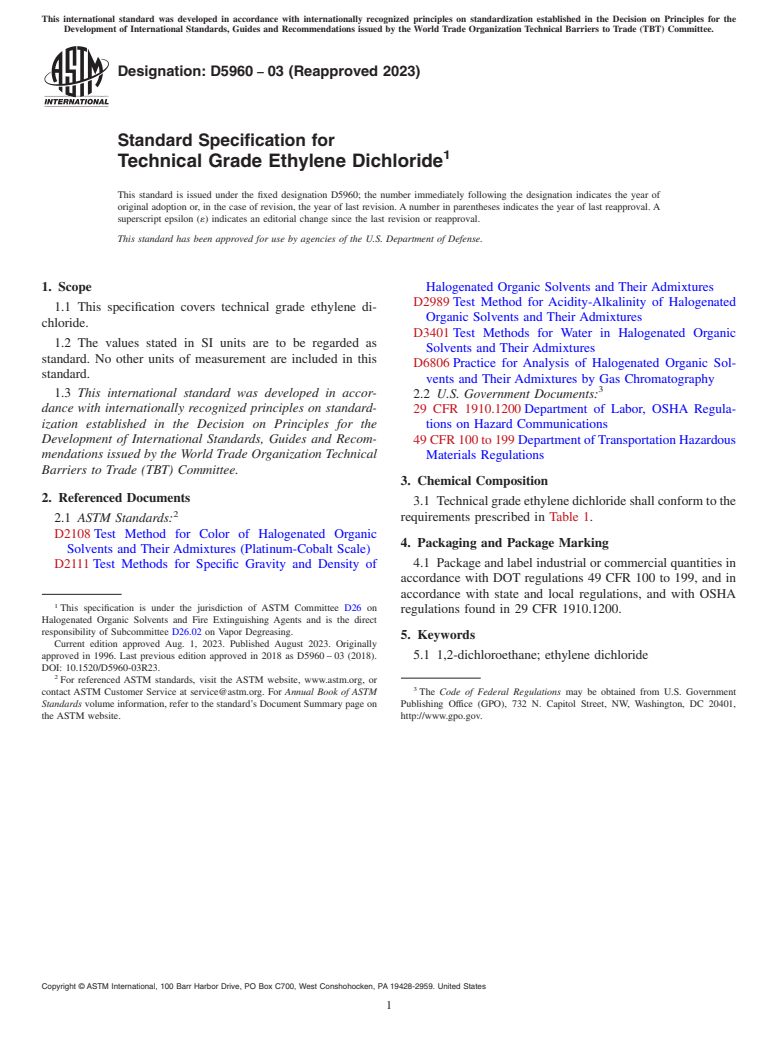 ASTM D5960-03(2023) - Standard Specification for Technical Grade Ethylene Dichloride