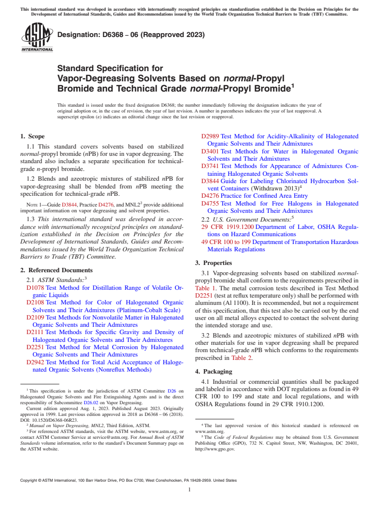 ASTM D6368-06(2023) - Standard Specification for Vapor-Degreasing Solvents Based on <emph type="bdit">normal</emph  >-Propyl Bromide and Technical Grade <emph type="bdit">normal</emph  >-Propyl Bromide