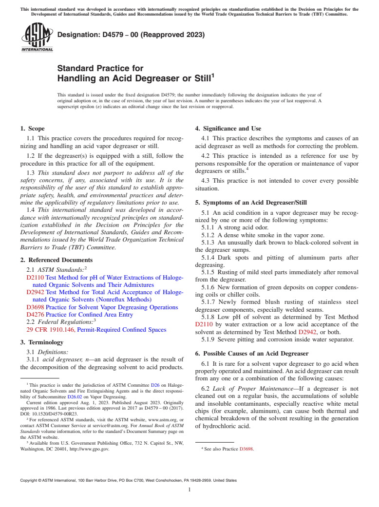 ASTM D4579-00(2023) - Standard Practice for Handling an Acid Degreaser or Still